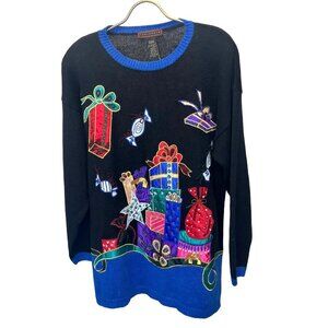 Yarn Works Vintage NEW with Tags Beaded Christmas Holiday Sweater Black Ladies S